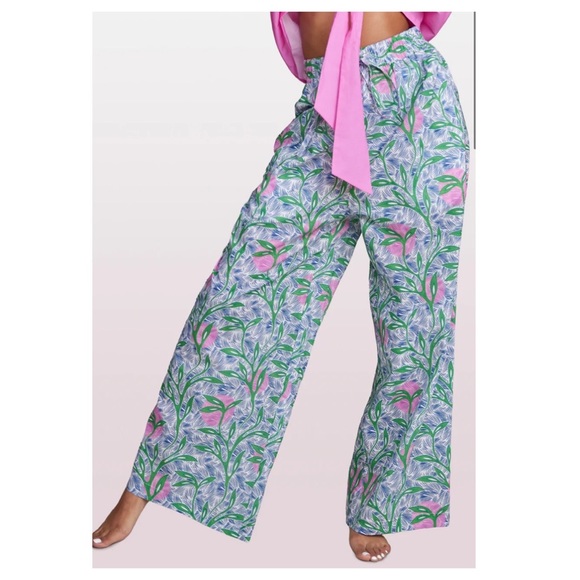 Liberty & Justice Drawstring Waist Cover Up Pants Green/Pink Botanical Print - Picture 1 of 7